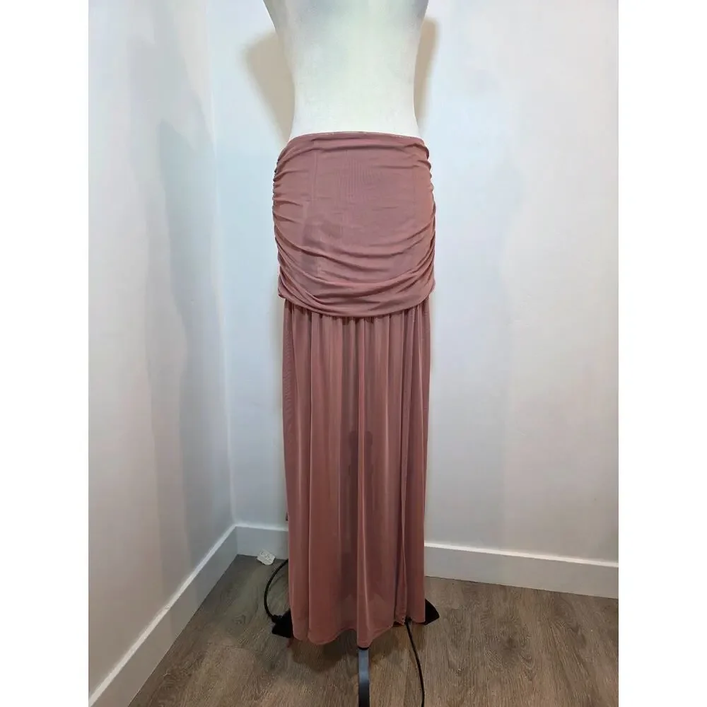 Anthropologie Maxi Skirt Ruched Dusty Pink Micro Mesh Sheer Long Large Cover Up